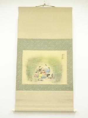 清原斉筆　竹林七童　肉筆絹本掛軸（共箱）